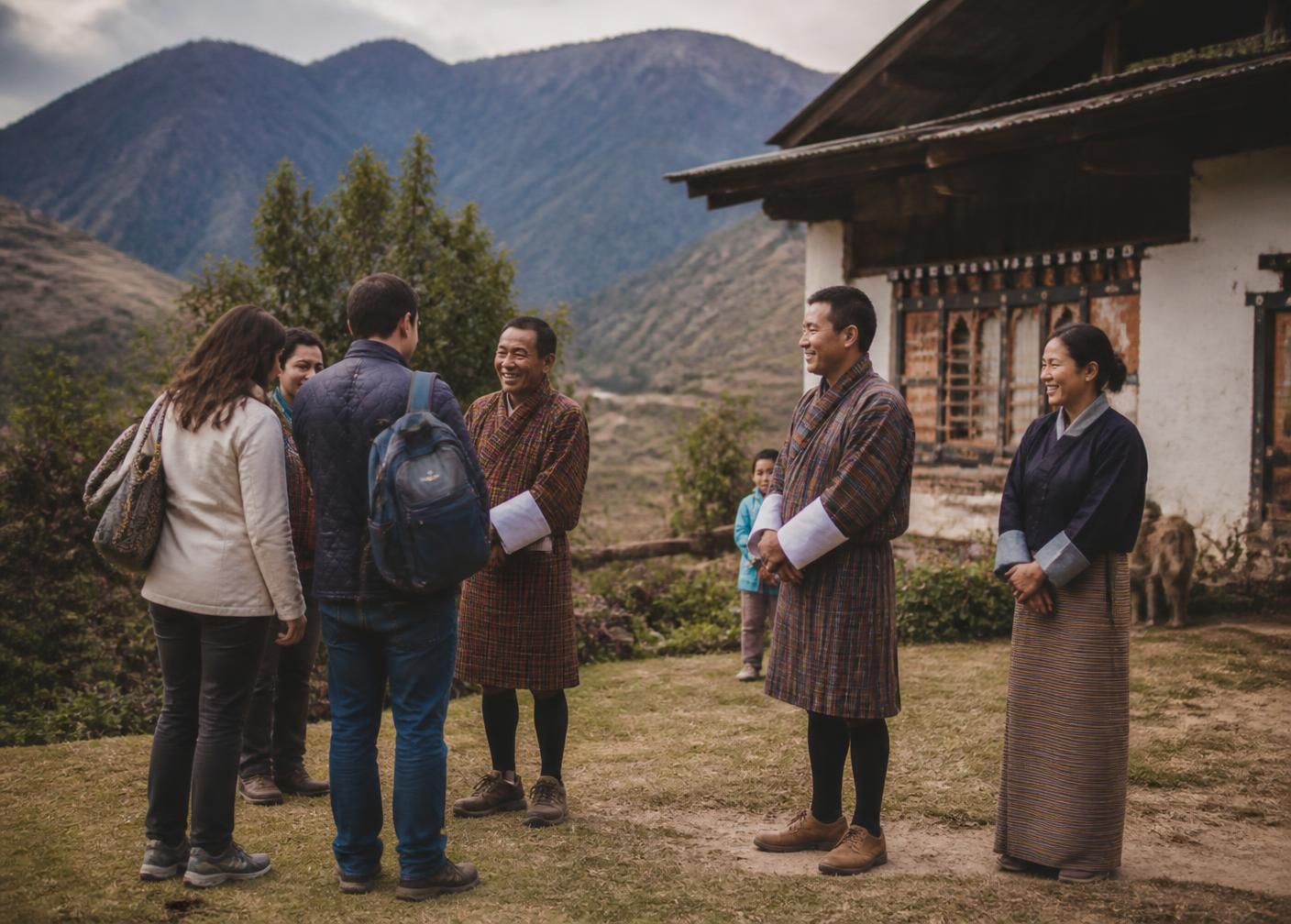 Bhutanese hosts greeting travelers