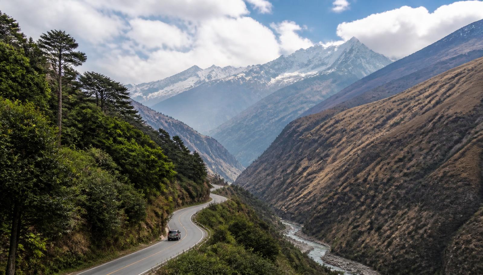 Mountain road crossing Bhutan from east to west