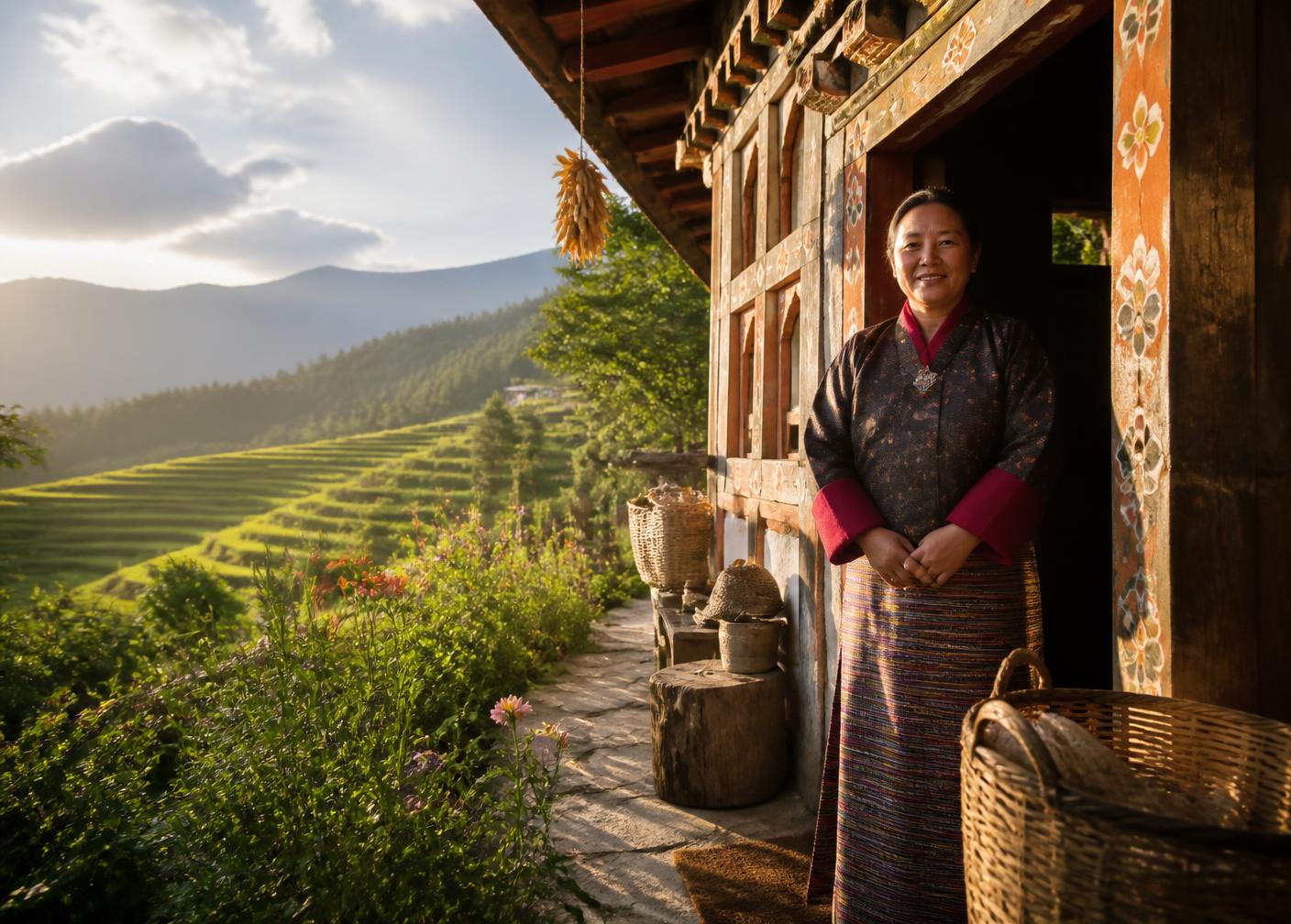 Bhutanese host at a traditional farmhouse overlooking terraced fields