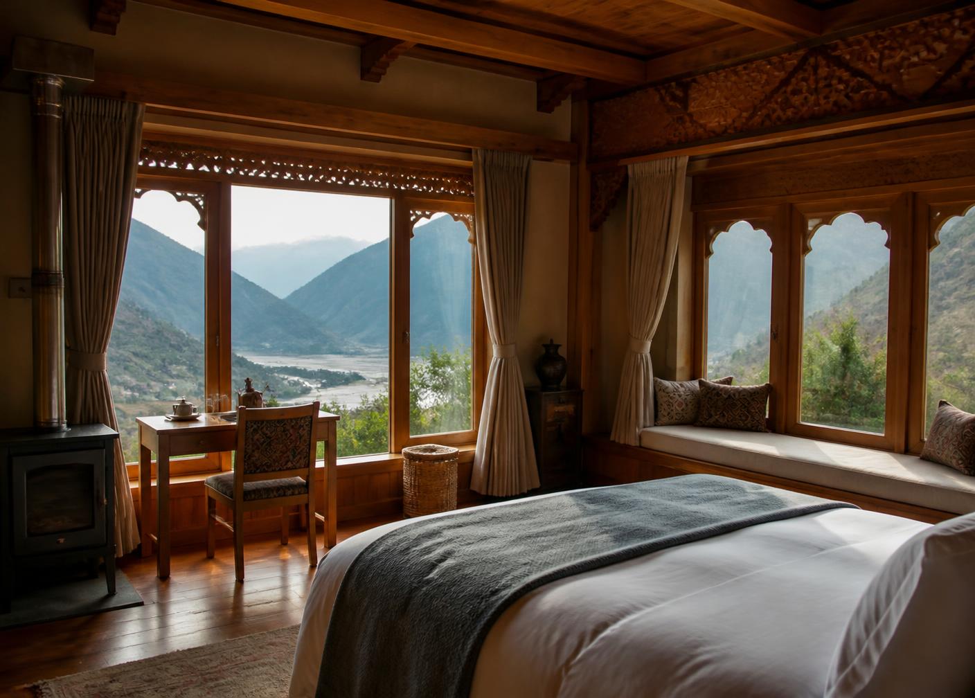 Bhutanese lodge with mountain valley views